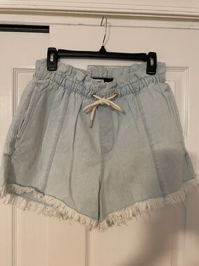 Kensie Light Blue Denim Drawstring Fringe Hem Shorts NWOT